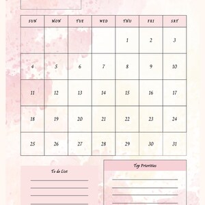 Op de afbeelding: Een roze en witte aquarel-stijl kalender voor januari 2026. De kalender bevat een "Opmerking" sectie, een "To Do List" sectie en een "Top Prioriteiten" sectie. De dagen van de week staan bovenaan, met data in elke box.