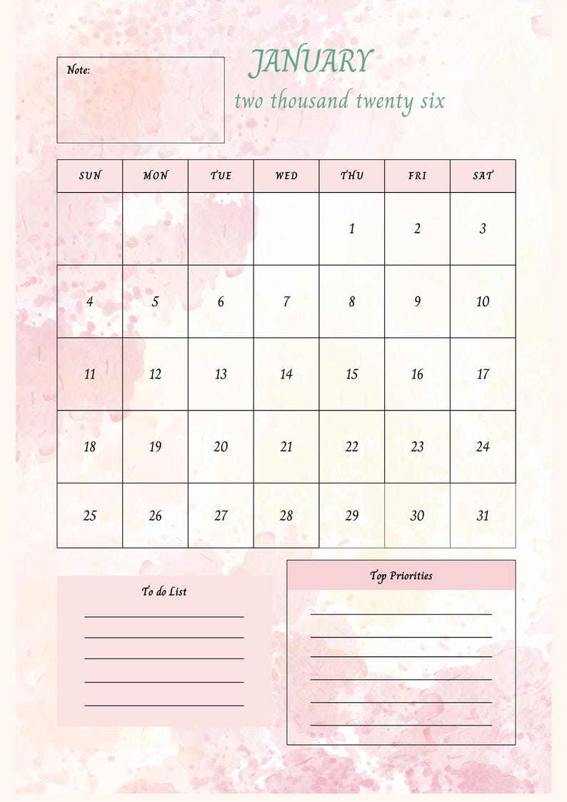 Op de afbeelding: Een roze en witte aquarel-stijl kalender voor januari 2026. De kalender bevat een "Opmerking" sectie, een "To Do List" sectie en een "Top Prioriteiten" sectie. De dagen van de week staan bovenaan, met data in elke box.