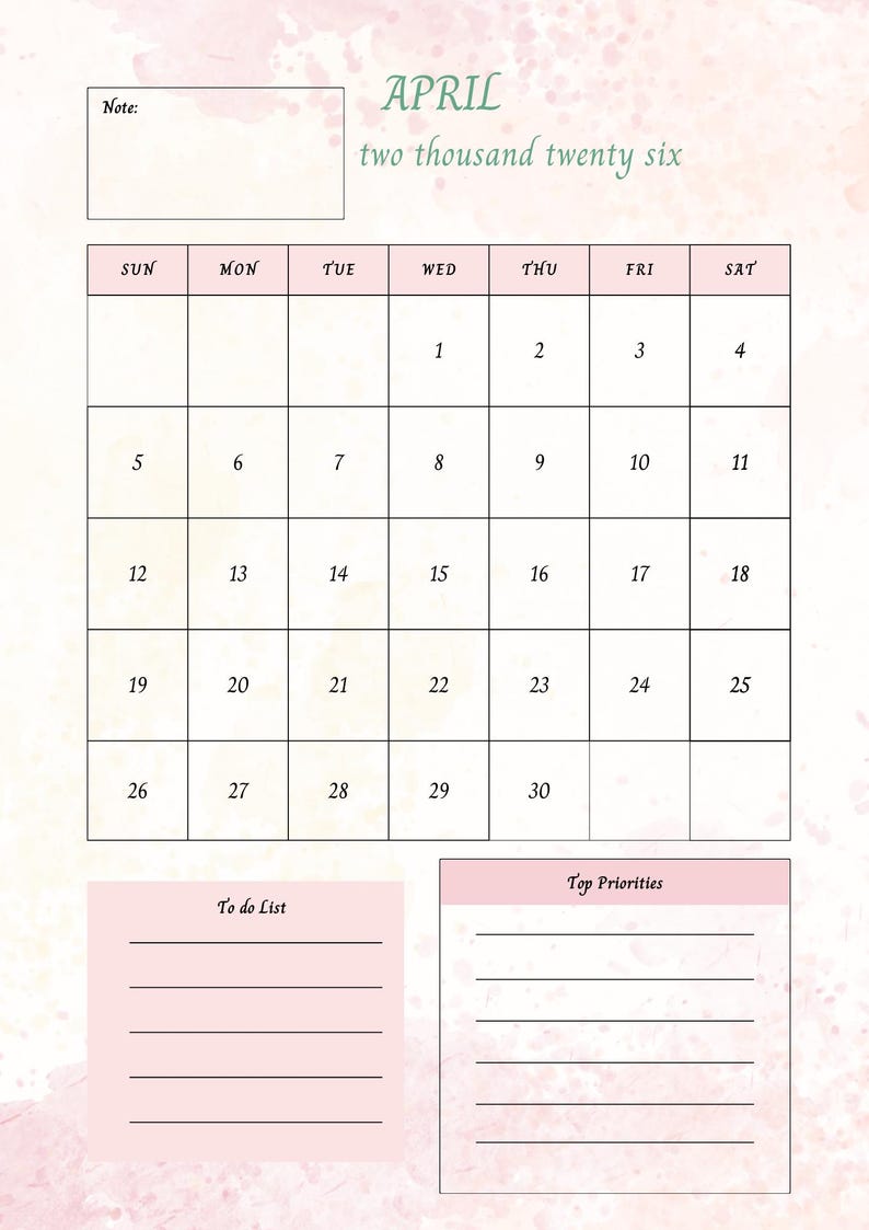 Op de afbeelding: Een roze en witte april 2026 kalender met een aquarel ontwerp. De kalender bevat een to-do lijst en een sectie met topprioriteiten. De maandnaam is in een scriptlettertype.