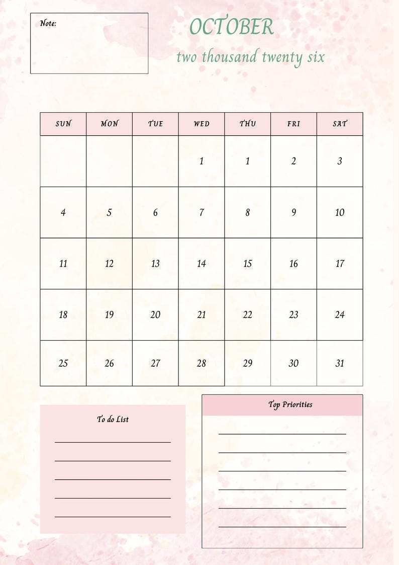 Op de afbeelding: Een roze en witte oktober 2026 kalender met een aquareleffect. De kalender bevat een takenlijst en een sectie met topprioriteiten. De maandnaam en het jaar zijn in een decoratief lettertype geschreven.