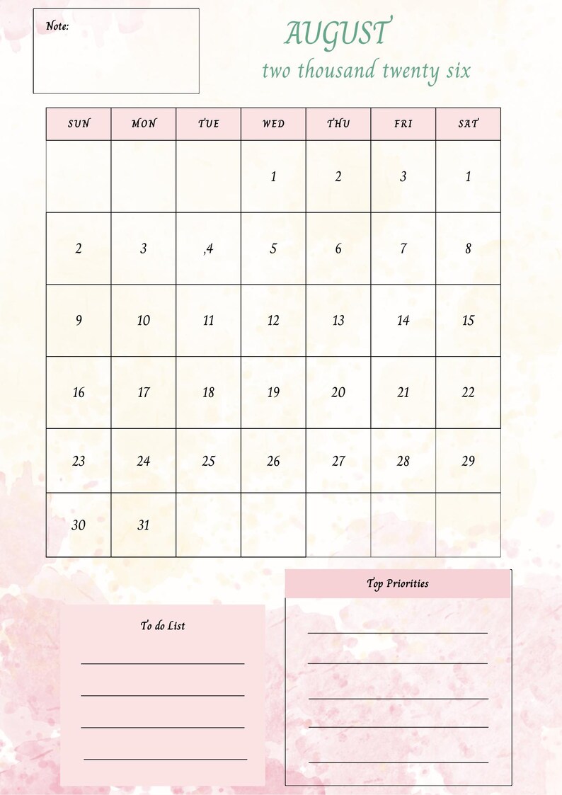Op de afbeelding: Een roze en witte augustus 2026 kalender met een aquarelontwerp. De kalender bevat een takenlijst en een sectie met topprioriteiten. Het woord "augustus" is geschreven in een decoratief lettertype.