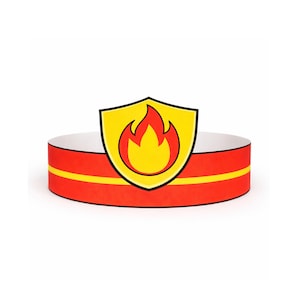 May include: A red and yellow firefighter's hat with a shield-shaped emblem featuring a flame. The hat has a red band with a yellow stripe and a white interior. The emblem is yellow with a red flame.