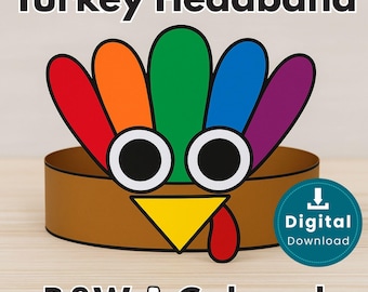 Turkey Headband Craft Template | Thanksgiving Classroom Craft | Printable Black & White + Color | Preschool Fall Activity
