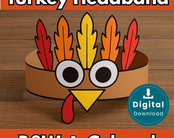 Turkey Headband Craft Printable | Thanksgiving Crown Template | Color + B&W | Kids Classroom Activity