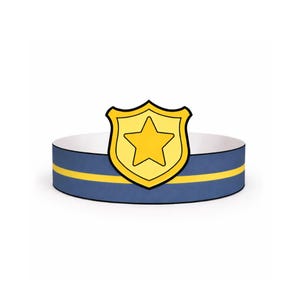 May include: A blue and yellow police hat with a gold badge featuring a star. The hat has a blue band with a yellow stripe and a white interior. The badge is gold with a black outline.