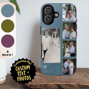 May include: A blue smartphone case featuring a collage of six black and white photographs of a couple at different ages. The case includes the text "MI Amor" in a script font. The design displays a large wedding photo alongside five smaller portraits.