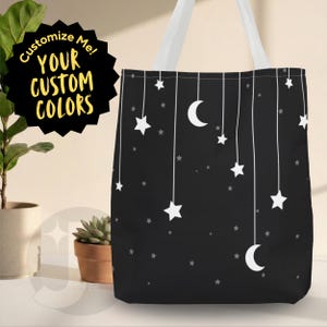 Custom Hex Code Hanging Moon and Stars Tote Bag | Witchy Celestial Star Pattern