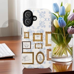Vintage Gallery Wall Phone Case | Blue Toile Floral & Gold Frame Art | Cottagecore Eclectic Cover