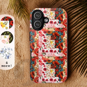 May include: A floral phone case featuring a patchwork design with red poppies, yellow flowers, and other blooms. The case has a black camera housing and is displayed with other floral pattern options. The text "& more!" is also visible.