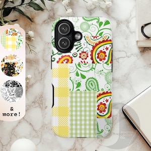 May include: A white phone case with a patchwork design featuring yellow gingham, green gingham, paisley, and floral patterns. The case has a black camera cutout and the text "& more!" on the left side.