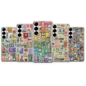 May include: Five phone cases adorned with a collage of vintage postage stamps. The cases showcase a variety of colourful stamps with images of flowers, animals, and historical figures. The cases are designed to fit a smartphone.
