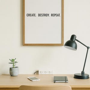 Peut inclure: Un bureau en bois avec une affiche encadrée avec l'inscription « CREATE. DESTROY. REPEAT ». Une lampe de bureau noire, une petite plante en pot, un smartphone et un carnet sont également sur le bureau. Une chaise en bois est devant le bureau.