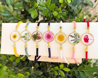 Birth Month Flower Bracelet, Real Pressed Flower Jewelry, Personalized Birthday Gift for Her, Adjustable Cord Bracelet, Floral Resin Charm