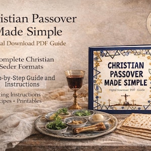 Puede incluir: Una guía de descarga digital titulada "Christian Passover Made Simple". El libro se muestra con un plato de Seder, vino, velas y matzah. La guía incluye 4 formatos de Seder, instrucciones paso a paso, recetas e imprimibles.