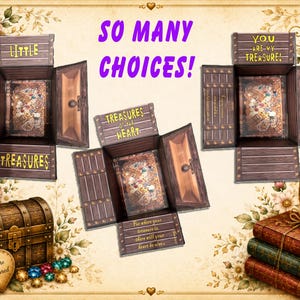 May include: Three open brown wooden treasure chest boxes with yellow text reading LITTLE TREASURES, TREASURES OF THE HEART, and YOU ARE MY TREASURE. The boxes contain illustrations of gold coins and gems. A closed chest and stacked books are also visible.