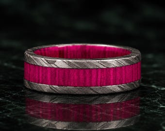 Bold Pink Damascus Ring, Men’s Wood Inlay Wedding Band, Handmade Gift for Him