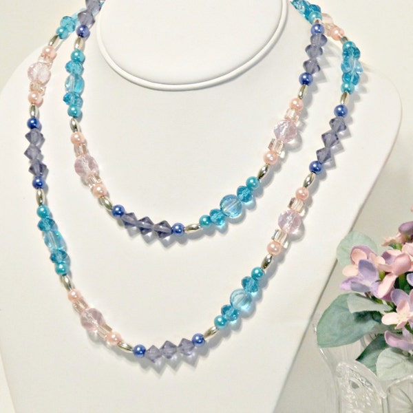 Sunset - Long Crystal, Glass & Pearl Necklace in the Colors of Sunset - Aqua, Pink, Purple - Romantic, Gifts for Her, Gifts Under 50