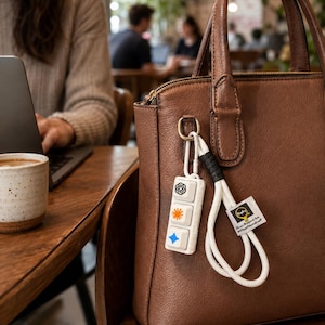 May include: A brown leather handbag featuring a white cord keychain with three white mechanical keyboard keycaps attached. The keycaps display a black flower icon, an orange sun icon, and a blue diamond icon. A small square tag with text is attached to the cord.