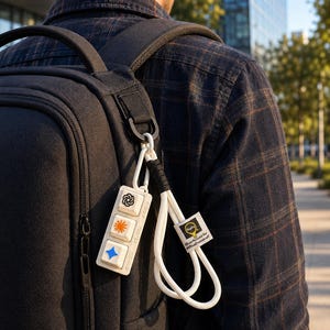 May include: A white rectangular keychain featuring three mechanical keyboard-style keys with black, orange, and blue icons. The keys are attached to a white cord loop with a black wrapped section and a small square tag displaying a yellow lightbulb icon.