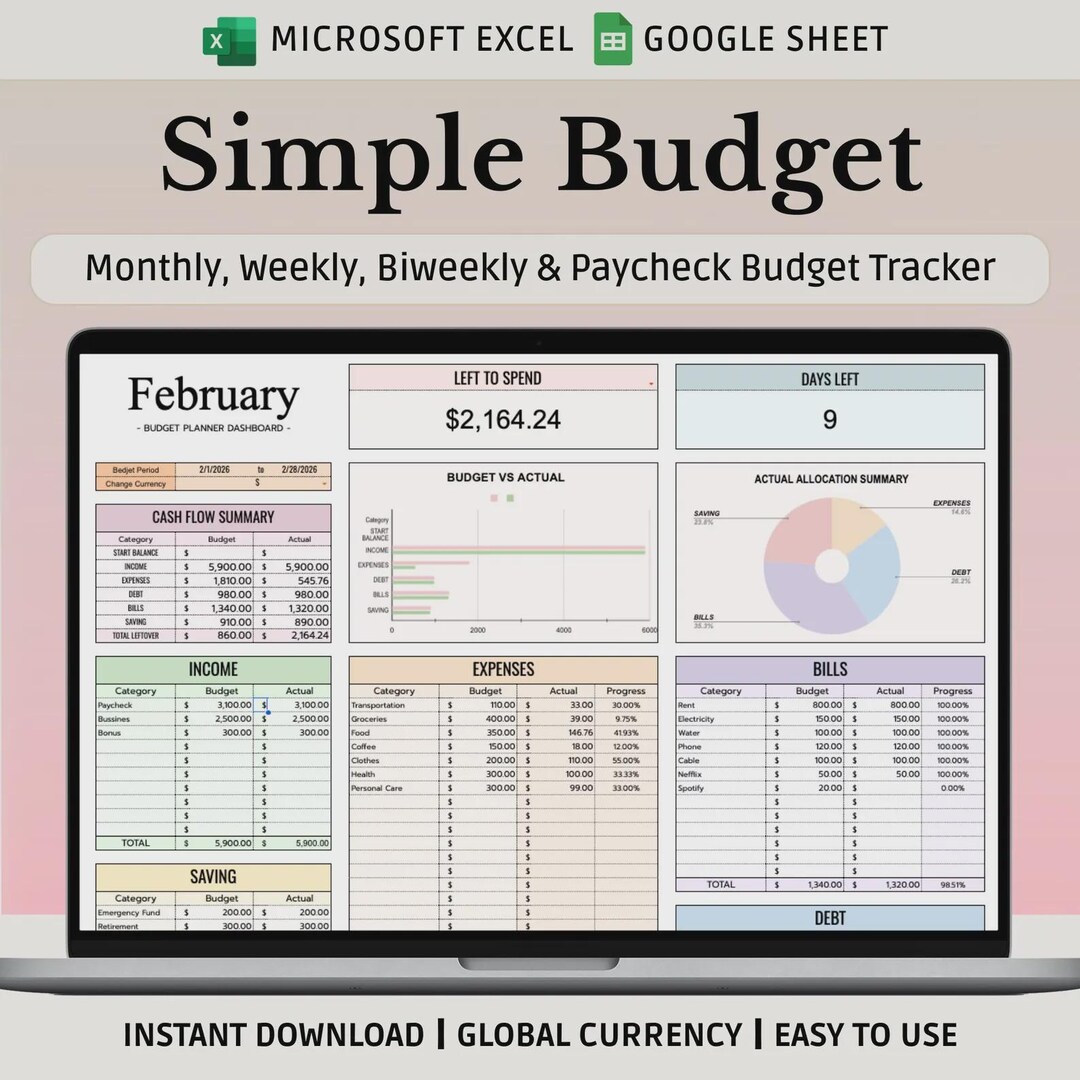 Monthly Budget Spreadsheet Sheet, Paycheck Budget Tracker, Biweekly ...