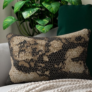 Brown Snakeskin Double-Sided Print Spun Polyester Lumbar Pillow, Modern Abstract Animal Texture Cushion, Chic Faux Skin Neutral Home Decor