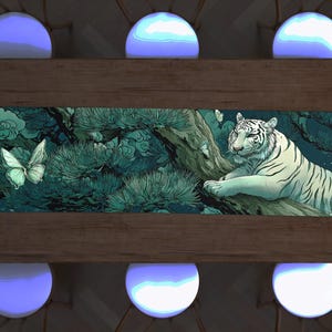 White Tiger Nature Table Runner, Ethereal Forest Butterfly Dining Scarf, Premium Teal Woodland Tabletop Decor, Artisan Centerpiece Runner
