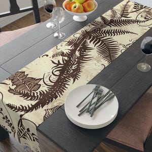 Vintage Botanical Table Runner, Brown Fern Leaf Illustration Dining Decor, Minimalist Nature Console Scape, Sepia Tropical Dresser Cover