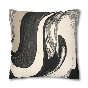 May include: Square throw pillow with a black and white abstract design. The pattern features swirling lines and shapes in shades of black, gray, and cream. The pillow has a soft, textured appearance.