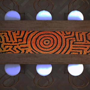Orange Ethnic Mosaic Table Runner, Tribal Geometric Dot Pattern Tabletop Decor, Rustic Boho Dining Scarf, Artistic Traditional Centerpiece