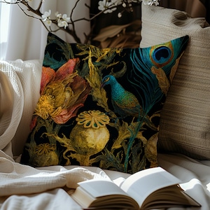 Gold Botanical Throw Pillow Cover, Teal Bird & Poppy Seed Cushion, Exclusive Luxury Gothic Home Decor, Artisan Floral Velvet Accent Pillow