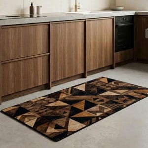 Peut inclure: Cuisine moderne avec des meubles en bois foncé, un plan de travail clair et un tapis à motifs géométriques dans les tons marron et noir. La cuisine comprend un four encastré, un évier avec un robinet doré et des étagères ouvertes.