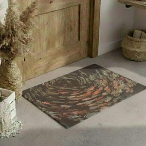 Ocean Fish Vortex Coir Doormat, Nautical Swirl Entryway Rug, Coastal Sea Life Mediterranean Welcome Mat, Coir Mat for Coastal Style Homes
