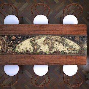 May include: An overhead shot of a wooden dining table featuring a detailed vintage world map. Six chairs with white, spherical seats and curved, brown backs are arranged around the table. The table is made of dark wood and is set on a parquet floor.