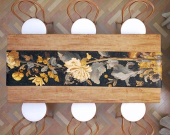 Gilded Peony Table Runner, Midnight Garden Floral Dining Centerpiece, Black and Gold Maximalist Console Scarf, Moody Botanical Kitchen Decor