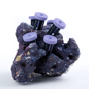 May include: A cluster of purple and black aquarium plugs inserted into a dark purple rock. The plugs have a circular, ridged top. The rock has a textured surface and is set against a white background.