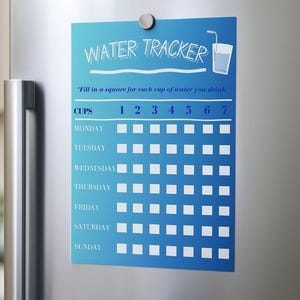 May include: Blue water tracker chart with the words "WATER TRACKER" at the top. The chart has squares to fill in for each cup of water consumed daily. A visual aid of a glass of water with a straw is also included.