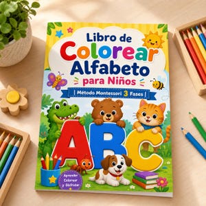 May include: A children's coloring book titled "Libro de Colorear Alfabeto para Niños" with the letters A, B, and C prominently displayed. The cover features cartoon animals, including a crocodile, bear, cat, and dog. Colored pencils and wooden toys are visible.