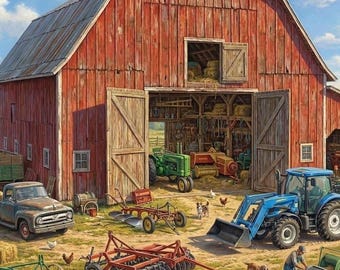 Old Red Farm Barn Trucks Tractors Puzzle 120/252/500-Piece