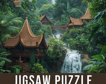 Large Tropical Jungle Waterfalls Jigsaw Puzzle with Tin | Southeast Asian Stilt Houses