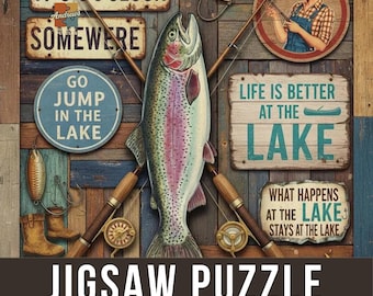 Lake Life Vintage Fishing Collage Puzzle | Rainbow Trout, Rustic Lodge Signs