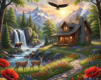 Abundant Wildlife Mountain Cabin Wilderness Puzzle | Scenic Nature Landscape Jigsaw