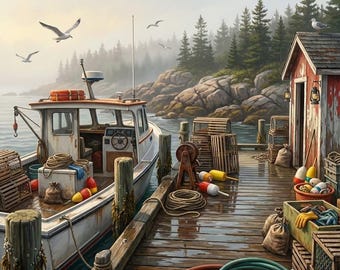 Eastcoast Maine Lobster Dock Puzzle | 100, 250, 500 Piece Coastal Harbor Scene Jigsaw