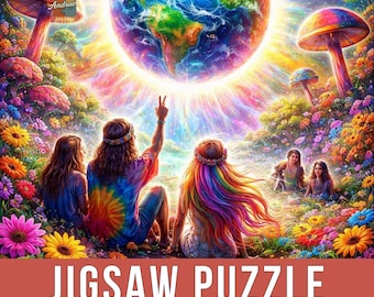 Large Psychedelic Earth & Sunburst Jigsaw Puzzle with Tin | Rainbow Cosmos Puzzle