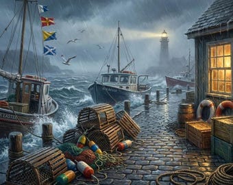 Stormy Atlantic Harbor Puzzle 100, 250, 500 Piece | Coastal Fishing Boat Scene Jigsaw