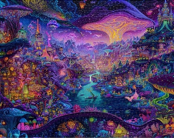 Mushroom City Jigsaw Puzzle with Tin | Fantasy Landscape (1000 or 2000 Piece)