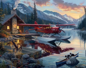 Float Plane Jigsaw Puzzle at a Cozy Cabin Retreat Scene for Aviation Fans