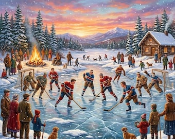 Vintage Outdoor Hockey Scene Puzzle | Winter Pond Hockey