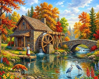 Water Wheel Cabin Fishing Puzzle 100, 250, 500 Piece | Scenic Lake Cottage Jigsaw