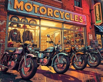Neon Nights Motorcycle Shop - Vintage Bikes Jigsaw Puzzle