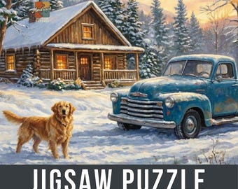 Snowy Cabin with Vintage Truck Puzzle | Winter Landscape Jigsaw